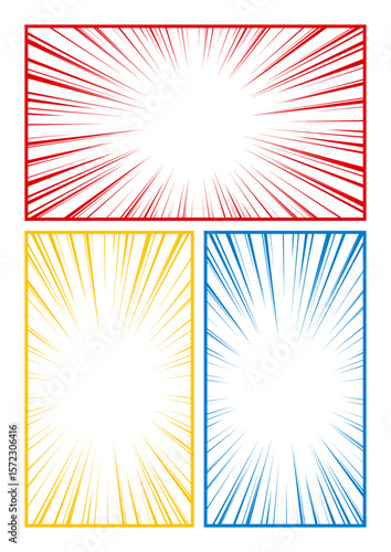 三分割　集中線　漫画風　コマ割り　赤　青　黄色