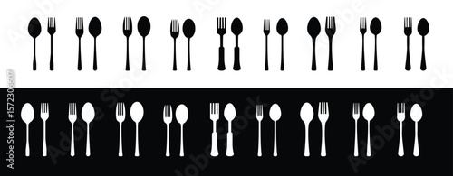 Spoon and Fork Icon Set – Minimal Tableware Symbols in Solid, Outline and Duotone Styles for Menu and Restaurant Design

