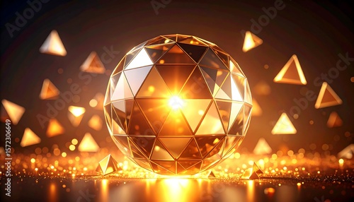 Golden sphere, faceted, surrounded by triangles, glowing light