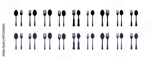 Spoon and Fork Icon Set – Minimal Tableware Symbols in Solid, Outline and Duotone Styles for Menu and Restaurant Design

