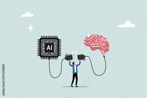 AI machine learning, neural network technology or human to work together with AI artificial intelligence, innovation technology concept, businessman connect human brain with AI chip processing unit.