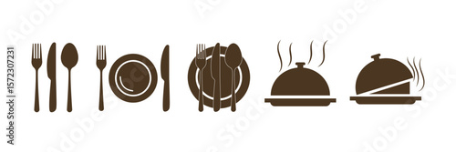 Cutlery Icon Set – Spoon, Fork, Knife cloche and Plate Symbols for Restaurant Menu, Food App and Dining UI. vector.
