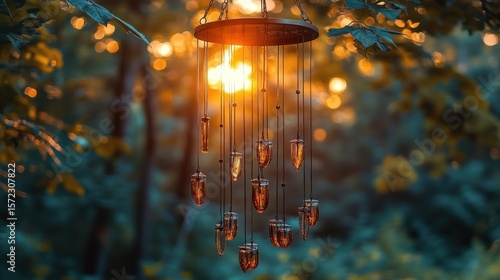 Copper wind chimes, sunlit,  forest