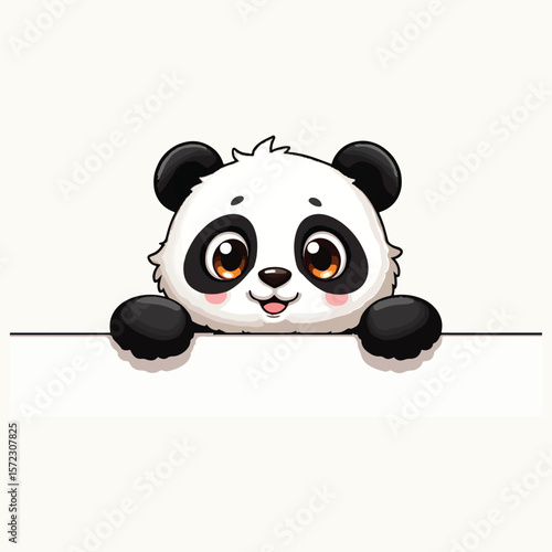 A cute, cartoon panda peeking over a white horizontal line, with its head and front paws visible. It has large, expressive brown eyes and a happy expression.