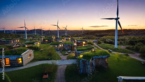 A serene sunset over eco-friendly homes with green roofs and wind turbines in the background