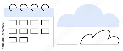 Calendar grid with spiral binding next to a soft blue cloud, suggesting organization, scheduling, and time management. Ideal for productivity, planning, deadlines, cloud storage, teamwork