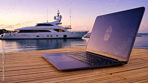 A sleek laptop on a wooden dock with a luxury yacht in the background during sunset