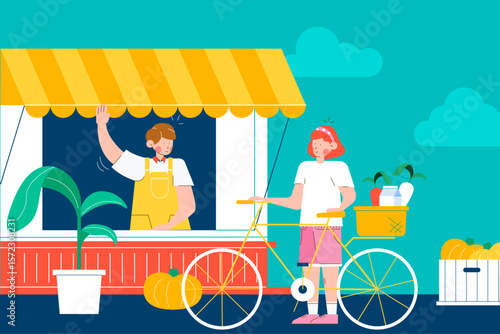 Local grocery shopping – woman with bicycle carrying fresh food, waving shopkeeper at storefront