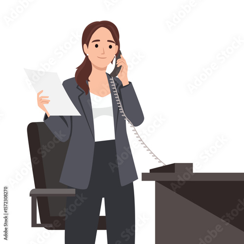 Businesswoman standing at her desk, holding a phone and a document. Flat vector illustration isolated on white background