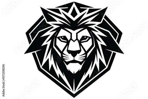 A fierce lion's face boldly appears in a striking, abstracted black and white portrayal