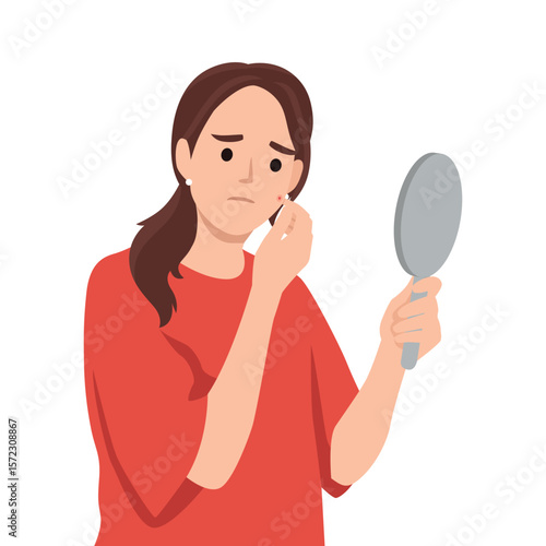 Worried Woman Examining Acne in the Mirror. Flat vector illustration isolated on white background