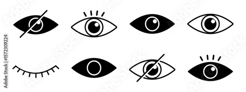 Eye icon set preview visibility sign symbol eyesight retina view vision hide invisible icons vector buttons