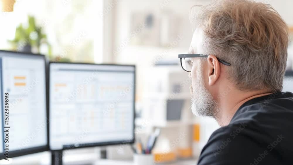 Focused Insight: A senior professional is immersed in his work, eyes fixed on data presented on twin monitors, exuding a sense of focus and expertise in the digital world. Focused Insight: A senior professional is immersed in his work, eyes fixed on data presented on twin monitors, exuding a sense of focus and expertise in the digital world.