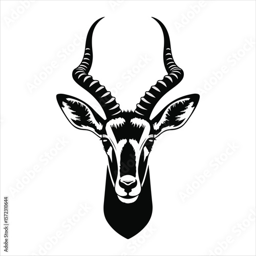 A black and white illustration of an antelope head, featuring prominent, ridged, and curved horns, and distinctive facial markings.