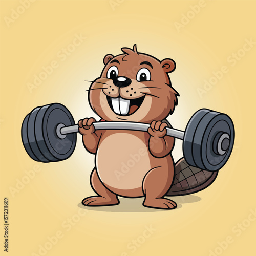 A cute, cartoon beaver with large teeth is smiling broadly while lifting a heavy barbell above its waist, showcasing its strength.