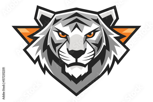 Front view of a striking white tiger head with intense orange eyes looks powerful