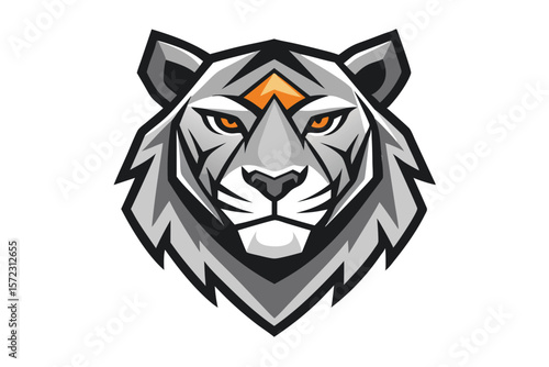 Angry tiger with visible fangs and bright orange eyes stares intently on a white backdrop