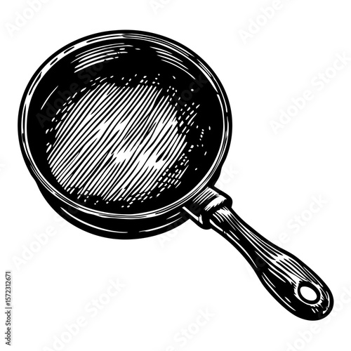 Frying pan with handle in engraved style. This frying pan is a hand-drawn illustration perfect for culinary projects, and this frying pan with handle is great for depicting cooking scenes.