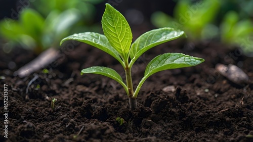 Close-Up of a Healthy Green Seedling Sprouting in Rich Soil – Organic Gardening and Growth Concept
