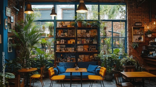 Cozy cafe interior with plants and bookshelves