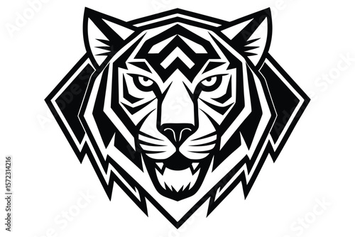 Bold gray tiger head with sharp features and distinctive orange markings stares intensely