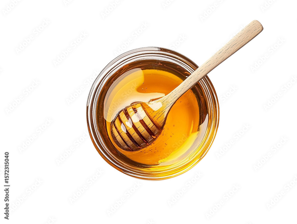 Golden Honey in Glass Bowl, Wooden Dipper, Isolated on Transparent PNG Golden Honey in Glass Bowl, Wooden Dipper, Isolated on Transparent PNG