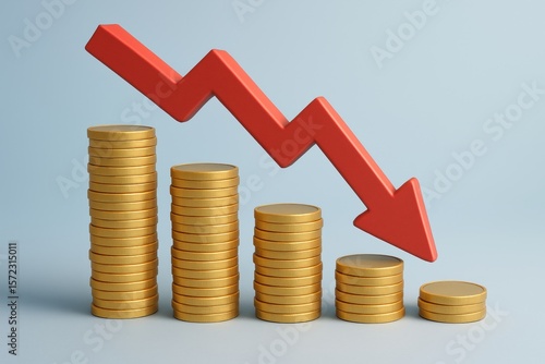 Economic Decline: Visual representation of economic downturn featuring stacks of gold coins descending with a downward red arrow indicating financial loss.