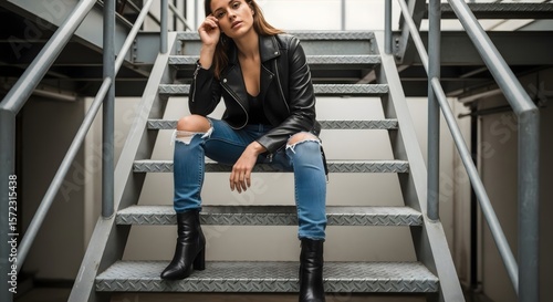 a woman sitting on metal stairs with a leather jacket.