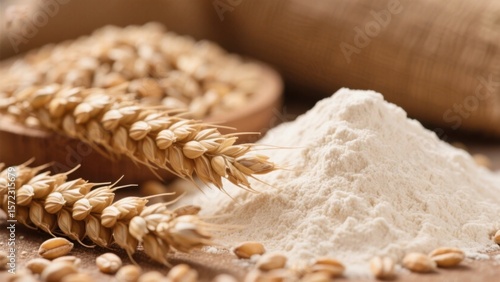 Wheat ears and flour are shown together, demonstrating the transformation from raw grain to ingredient, conveying the connection between natural farming and food processing.