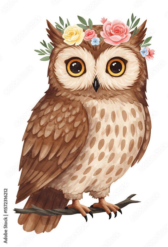 Naklejka premium 可愛いフクロウ 花冠 穏やか 水彩画風イラスト