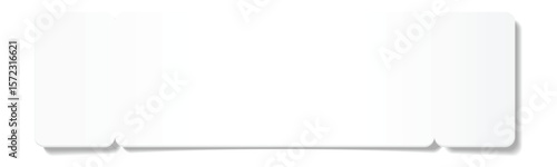 Blank white ticket featuring two stubs and casting a soft shadow on a clean white background, providing ample space for customization for various events or purposes