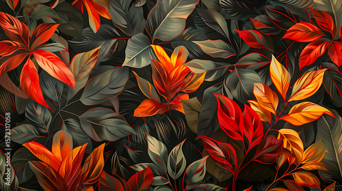 Vivid botanical garden foliage featuring bright red and orange leaves in a lush natural setting