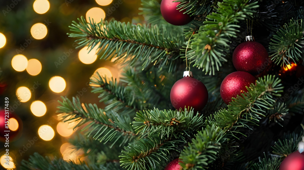 Beautiful Christmas tree branch with shiny red ball ornament for festive decoration, holiday celebration, winter season, cozy home decor and joyful atmosphere background Beautiful Christmas tree branch with shiny red ball ornament for festive decoration, holiday celebration, winter season, cozy home decor and joyful atmosphere background
