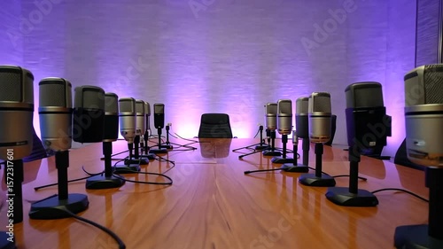 Conference room setup with multiple microphones arranged around a polished wooden table, illuminated by soft purple lighting, creating an inviting atmosphere for discussions