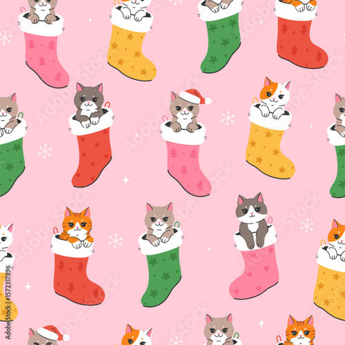 Seamless pattern with cute cats sitting in Christmas socks. Vector graphics.