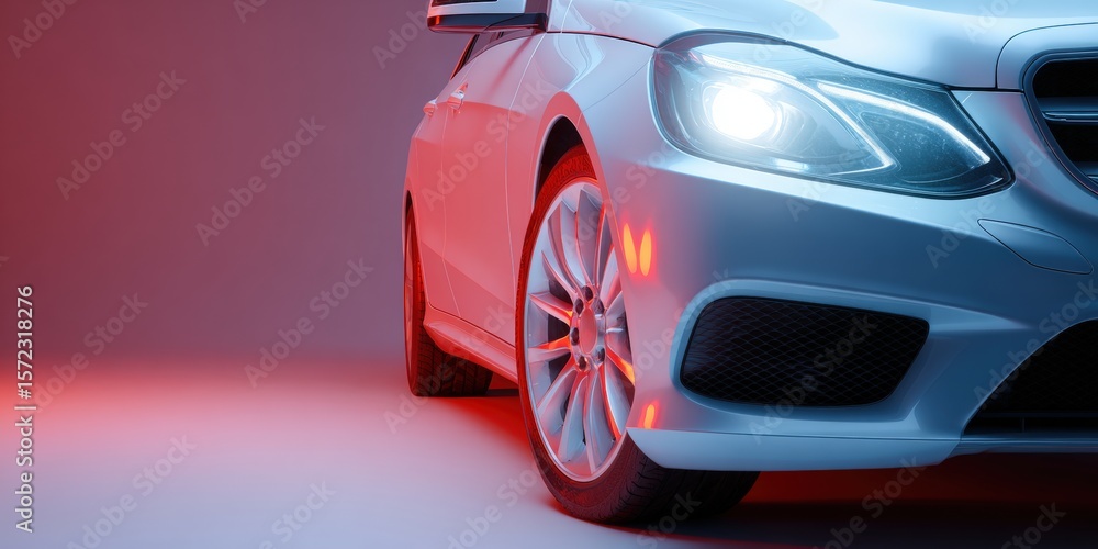 Fototapeta premium Sleek Silver Car in Dynamic Lighting Setup for Automotive Photography