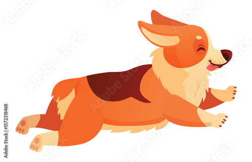 Joyful welsh corgi dog running swiftly with its tongue out and eyes closed, capturing a playful spirit in a charming cartoon style against a clean white background