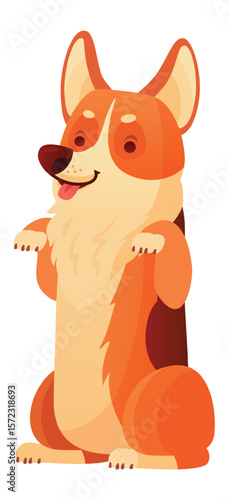 Cartoon welsh corgi pembroke sitting on hind legs, playfully sticking out its tongue, exuding happiness and charm, creating a delightful scene against a clean white background