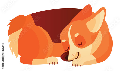Adorable welsh corgi dog sleeping peacefully, curled up with its eyes closed, enjoying a relaxing nap and dreaming sweet dreams, showcasing the tranquility and peacefulness of a beloved pet