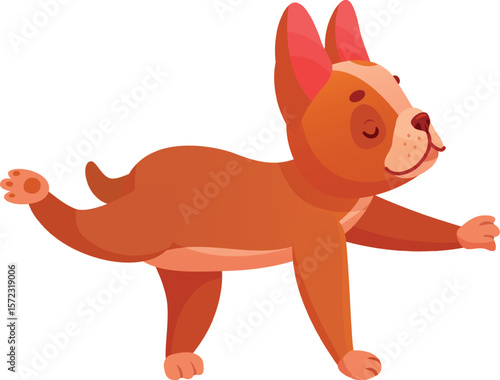 Adorable cartoon french bulldog practicing yoga, performing Virabhadrasana or warrior pose, promoting health, wellness and a playful lifestyle for pets