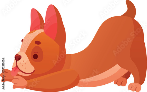 Cartoon illustration of a playful brown dog licking its paw while lying down, in a funny and adorable pose, perfect for pet related projects