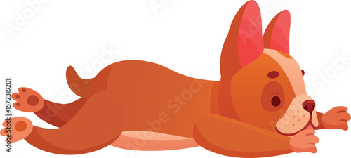 Adorable brown French bulldog puppy lying down and stretching its paws, playfully waiting in a cheerful pose, isolated on a bright white background, illustrated in a charming cartoon style
