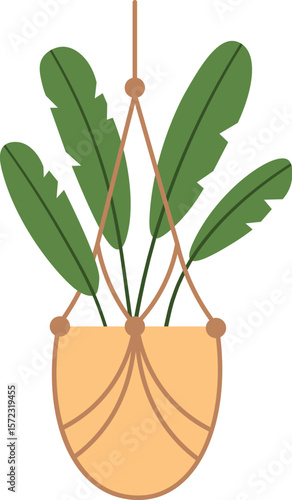 Lush green leaves cascading from a macrame plant hanger, adding a vibrant and stylish touch to modern home decor while enhancing the atmosphere of an inviting indoor space