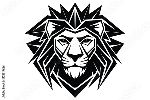 A bold black and white stylized lion head stares intensely outward with sharp lines