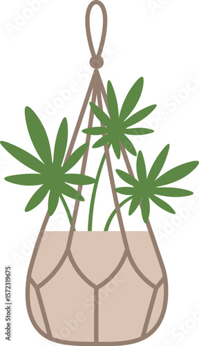 Stylish macrame plant hanger cradling a potted plant, infusing living spaces with bohemian charm and enhancing home decor with a touch of natural elegance