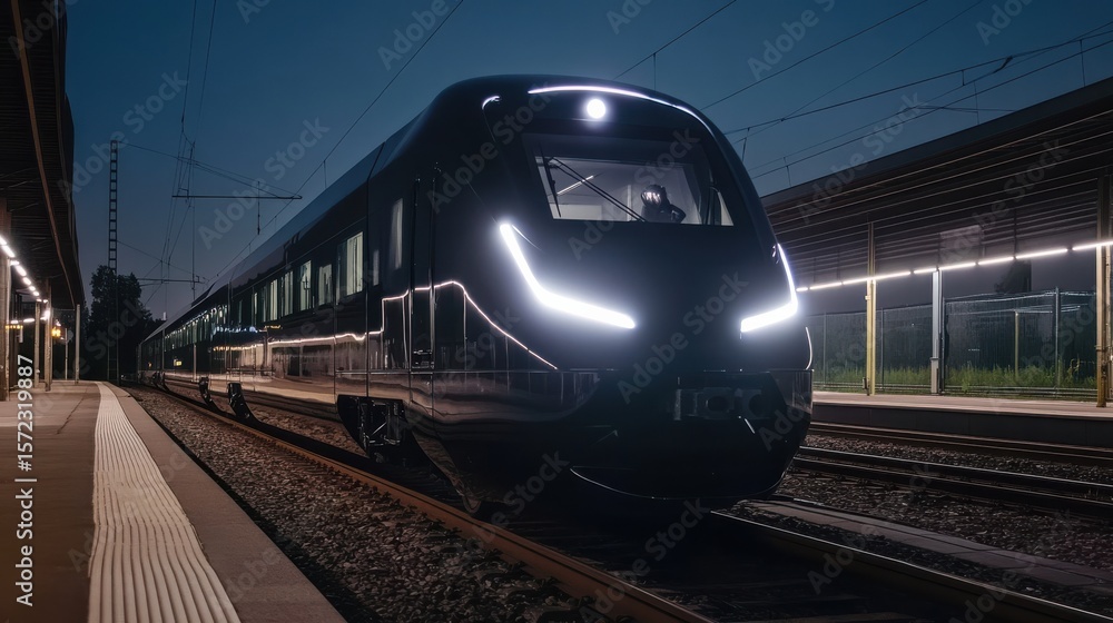 Naklejka premium Modern Train with LED Headlights Illuminating the Tracks at Night at Railroad Station