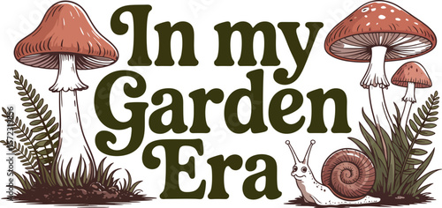 Mushroom garden era illustration with snail and ferns for nature lovers and gardening enthusiasts design