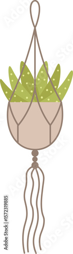 Illustration of a macrame plant holder suspending a pot with a green succulent. The design showcases intricate knotting and natural aesthetic, perfect for home decor inspiration