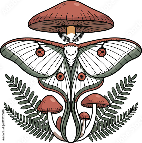 Moth mushroom art print vintage botanical illustration luna moth forestcore aesthetic nature artwork design