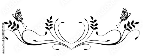 Symmetrical ornament with leaves and butterfly. Text divider. Decorative element for decor and text greeting or invitation card design.
